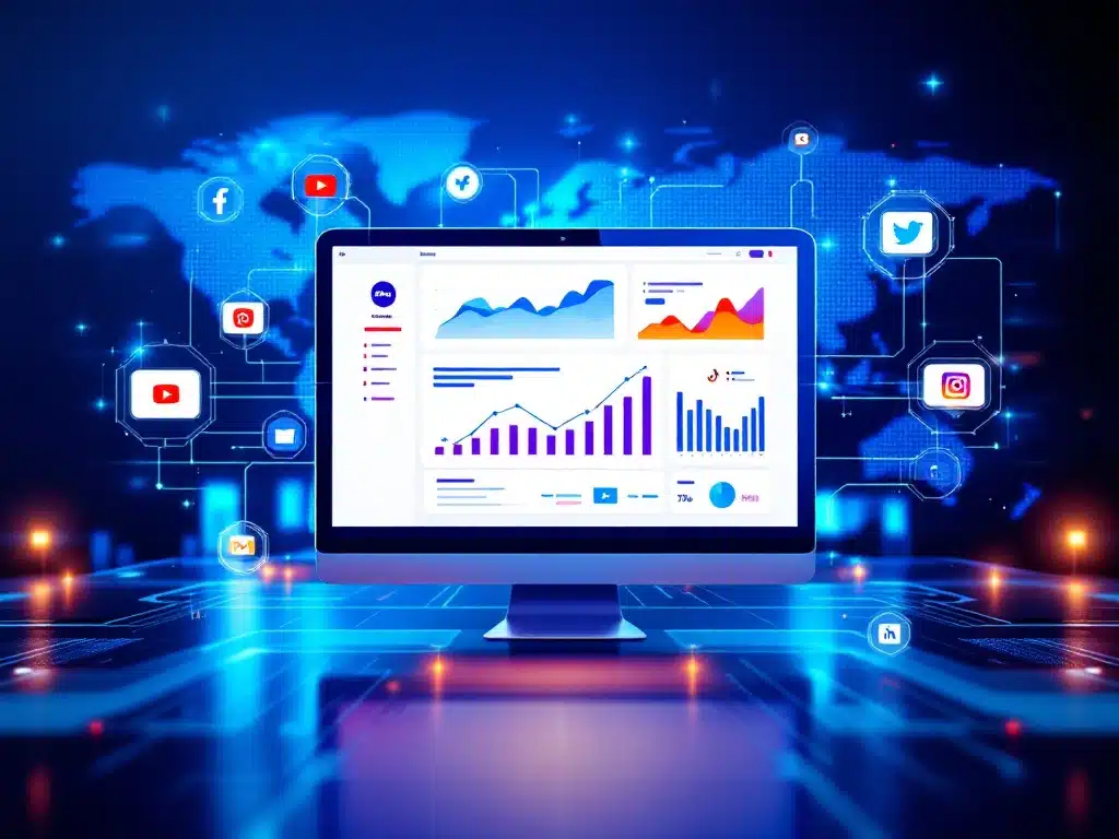 Digital marketing dashboard with social media icons and data streams, symbolizing global connectivity and strategic SEO integration.