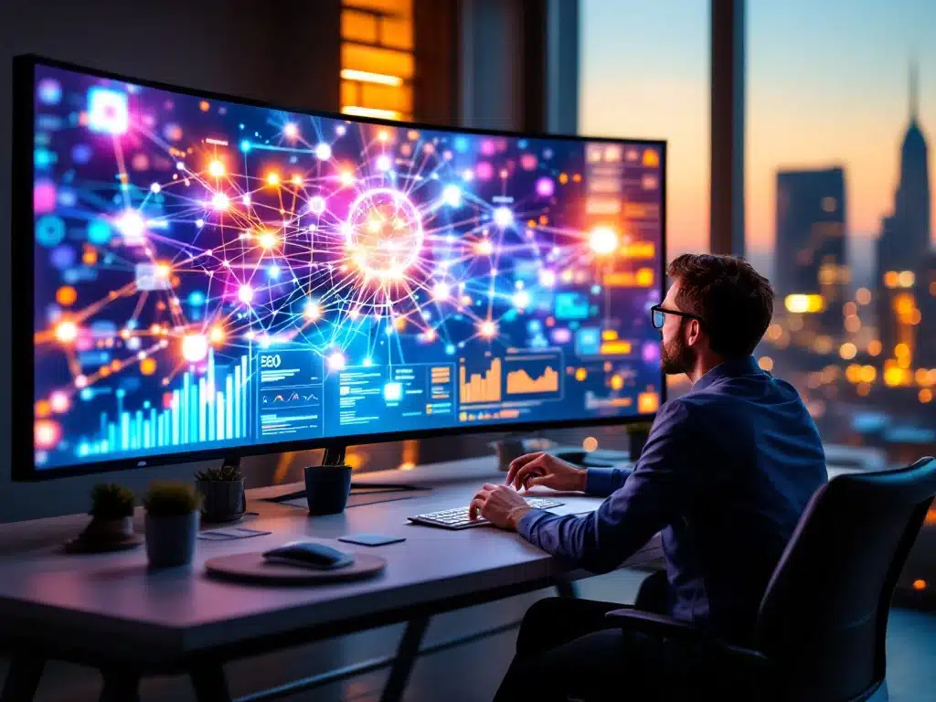 A digital analyst reviews social SEO metrics on screens in a modern office, with a city view and a network of vibrant data nodes.