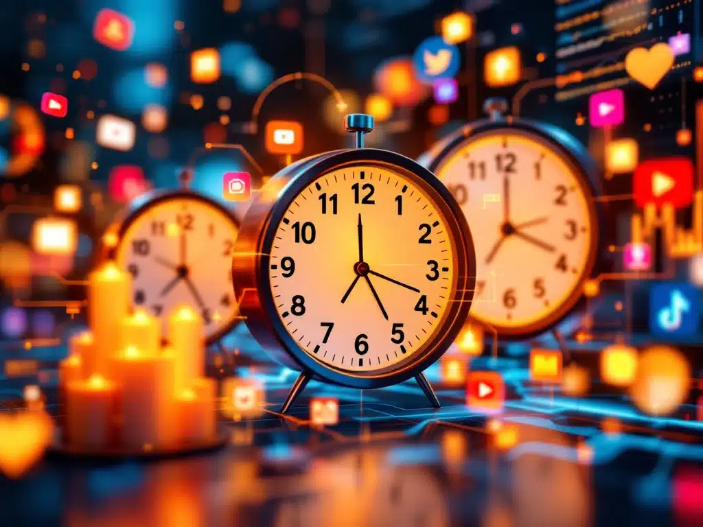 Interconnected clocks and social media icons illustrate time-sensitive content's impact on SEO, reflecting team5pm's marketing expertise.