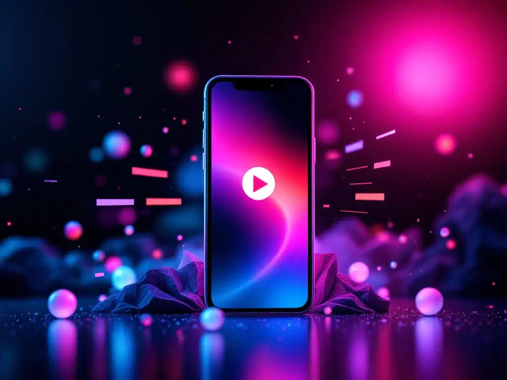 Smartphone with TikTok interface, surrounded by timeline and clock symbols; vibrant TikTok colors highlight social media marketing theme.