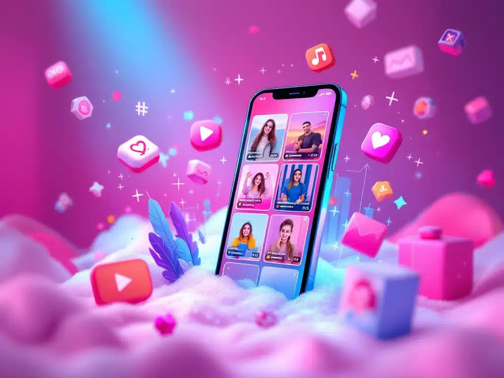 Photorealistic image of a TikTok-themed scene with a smartphone, digital elements, and abstract graphs, symbolizing social media marketing.