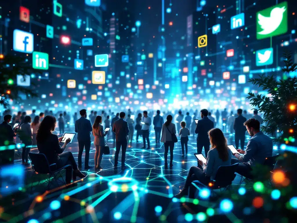 A vibrant digital scene with diverse people engaging online, representing social media trends and SEO with bright colors and abstract icons.